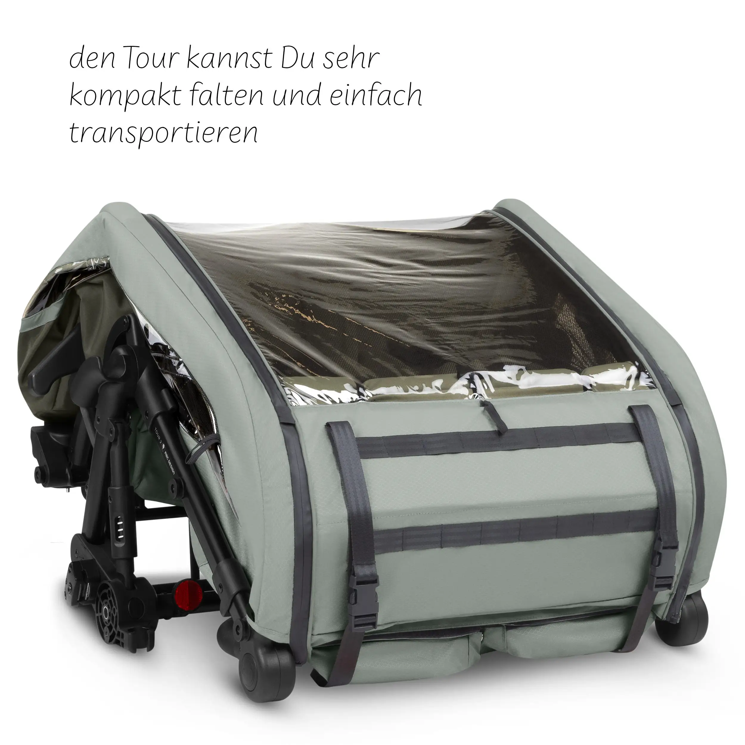 Przyczepka rowerowa Tour 2 z 2 wygodnymi fotelikami i Kołami pneumatycznymi – Olive