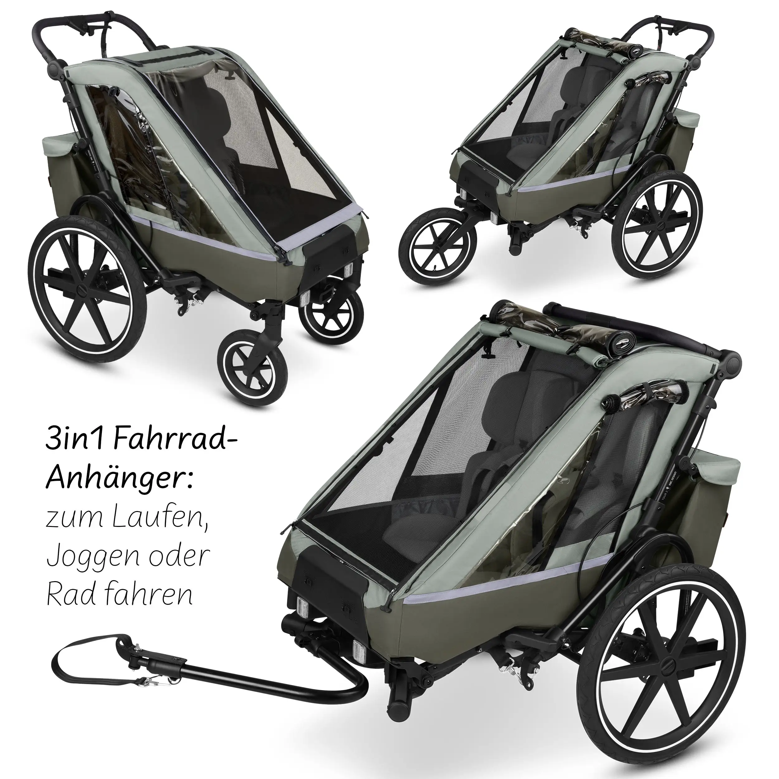 Przyczepka rowerowa Tour 2 z 2 wygodnymi fotelikami i Kołami pneumatycznymi – Olive