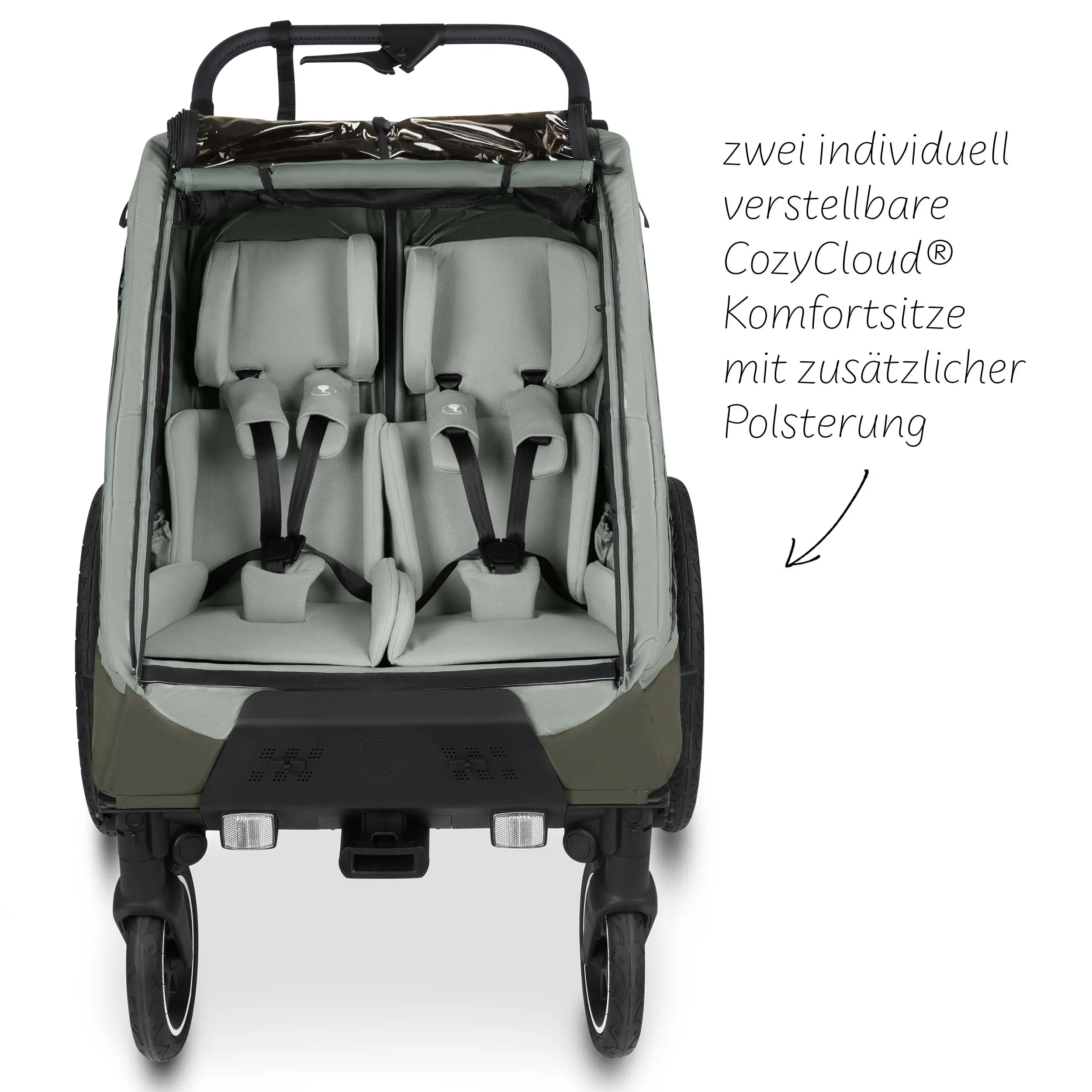 Przyczepka rowerowa Tour 2 z 2 wygodnymi fotelikami i Kołami pneumatycznymi – Olive