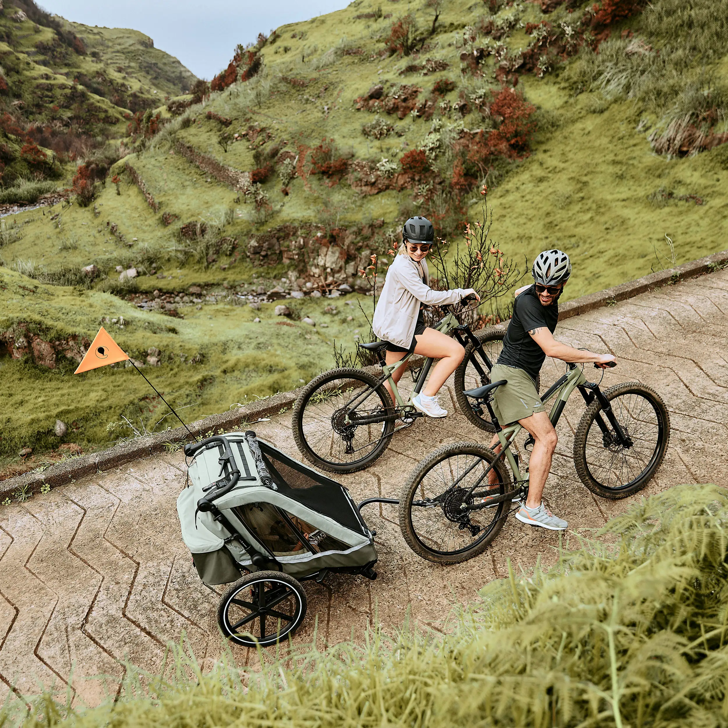 Przyczepka rowerowa Tour 2 z 2 wygodnymi fotelikami i Kołami pneumatycznymi – Olive