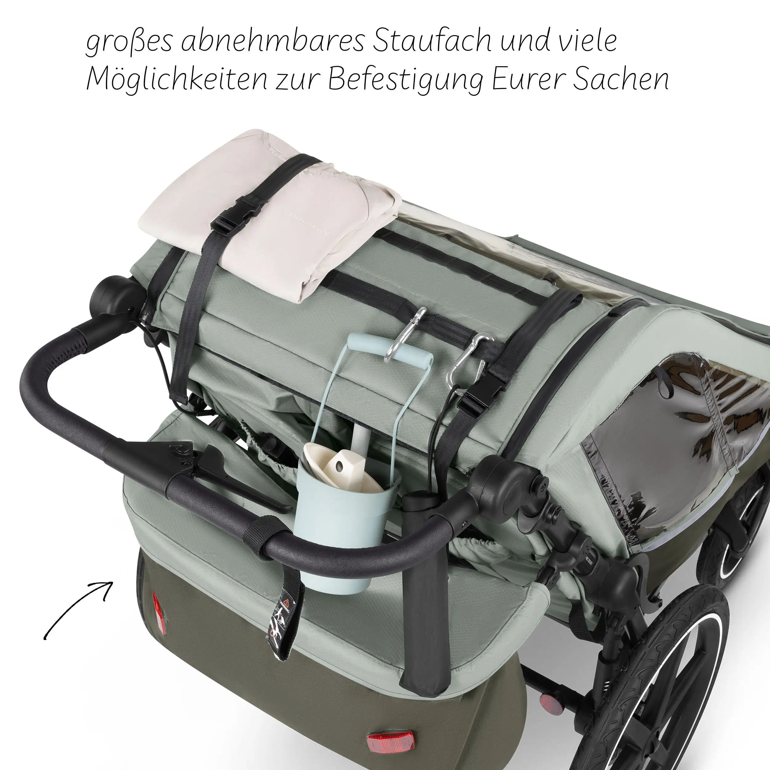 Przyczepka rowerowa Tour 2 z 2 wygodnymi fotelikami i Kołami pneumatycznymi – Olive