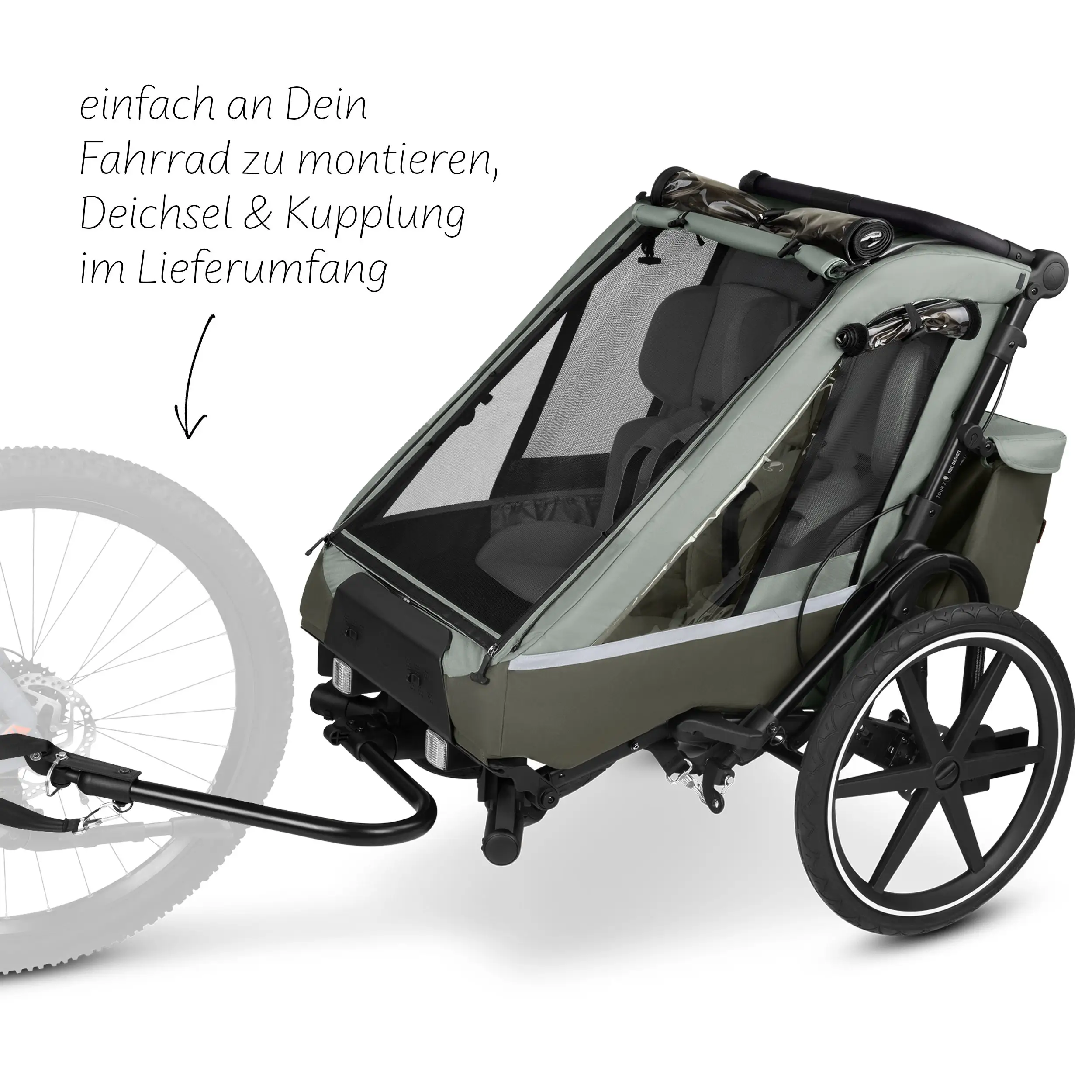 Przyczepka rowerowa Tour 2 z 2 wygodnymi fotelikami i Kołami pneumatycznymi – Olive