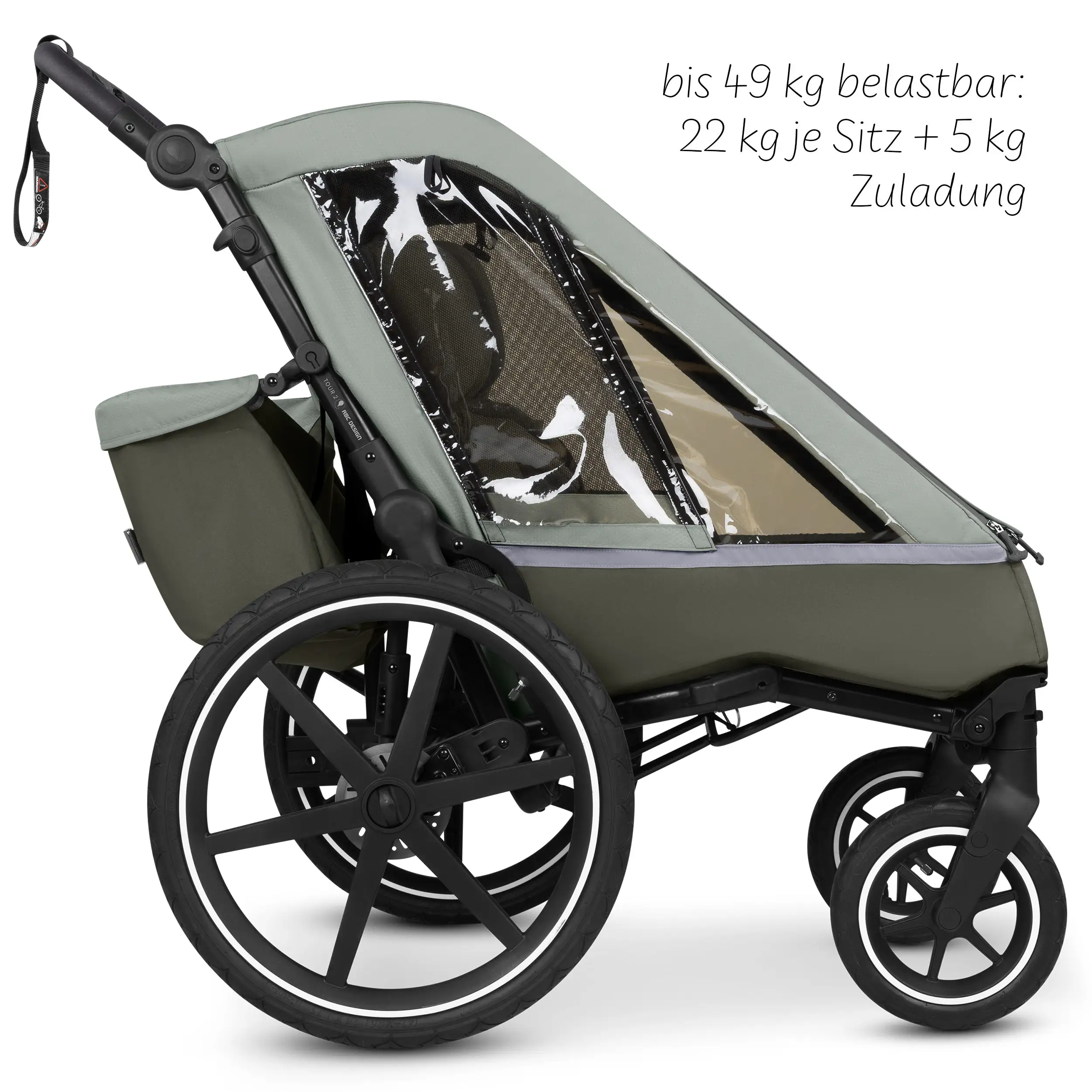 Przyczepka rowerowa Tour 2 z 2 wygodnymi fotelikami i Kołami pneumatycznymi – Olive