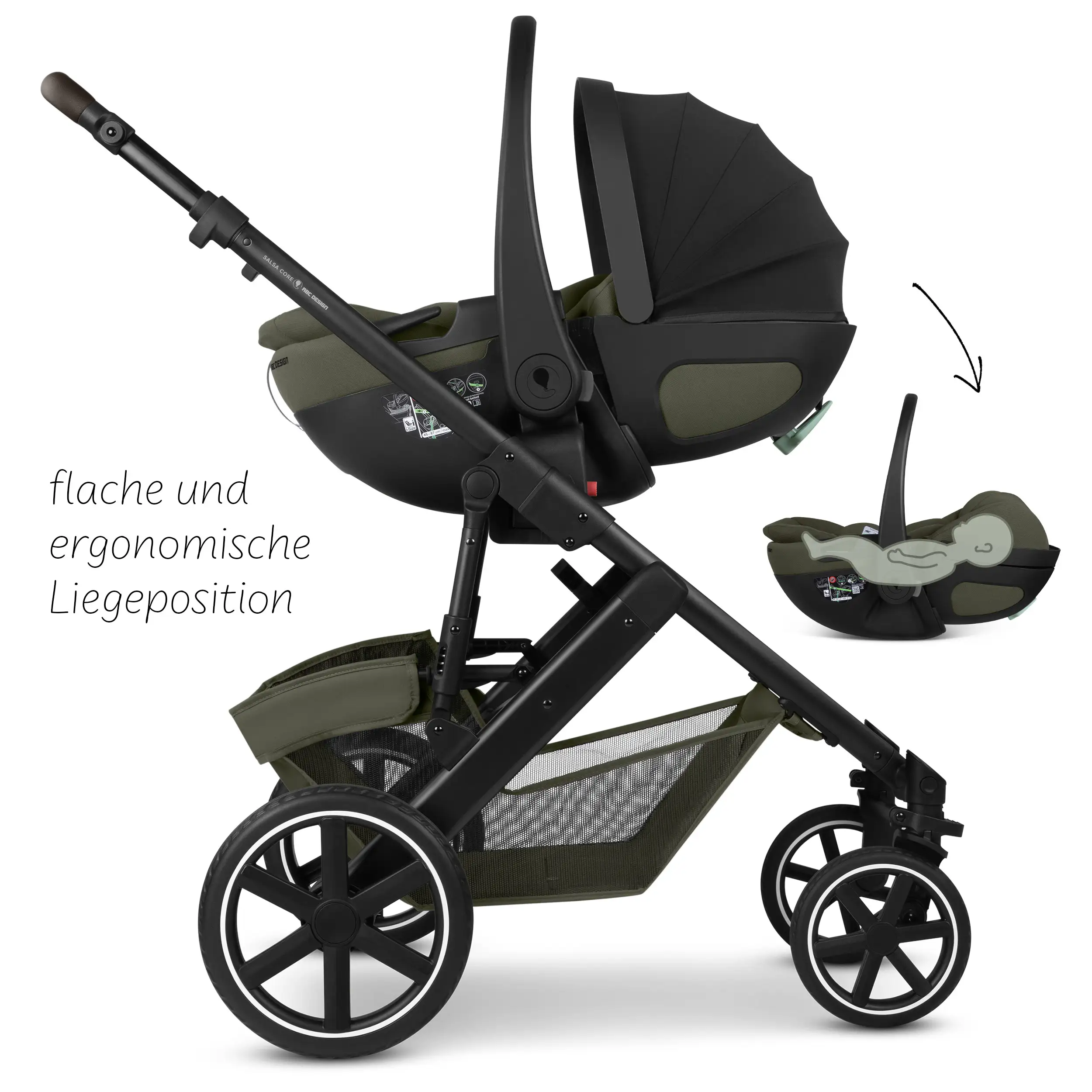Zestaw wózka 4w1 Salsa Core z fotelikiem Calla z funkcją leżaczka i podstawą Isofix Root - Olive