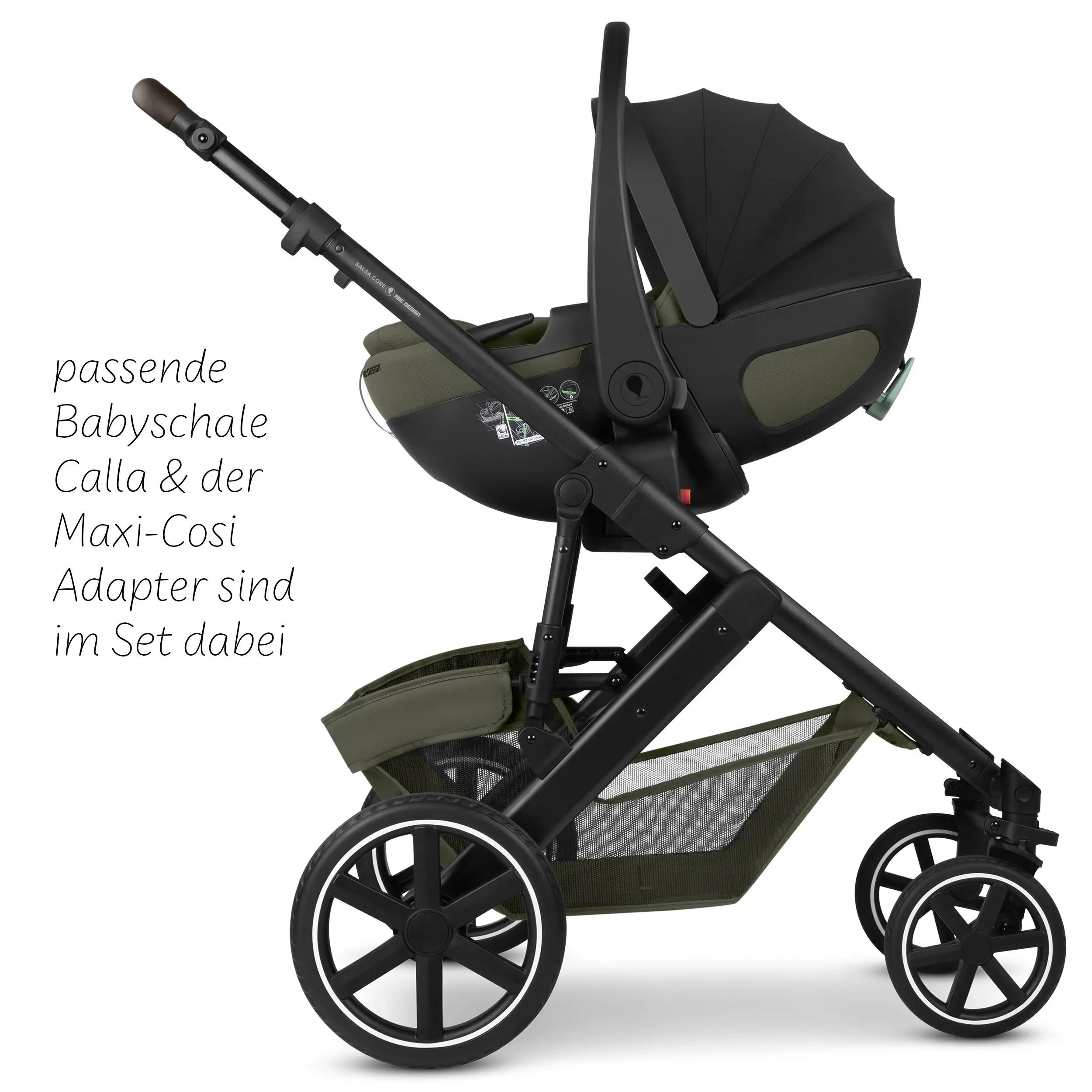 Zestaw wózka 4w1 Salsa Core z fotelikiem Calla z funkcją leżaczka i podstawą Isofix Root - Olive