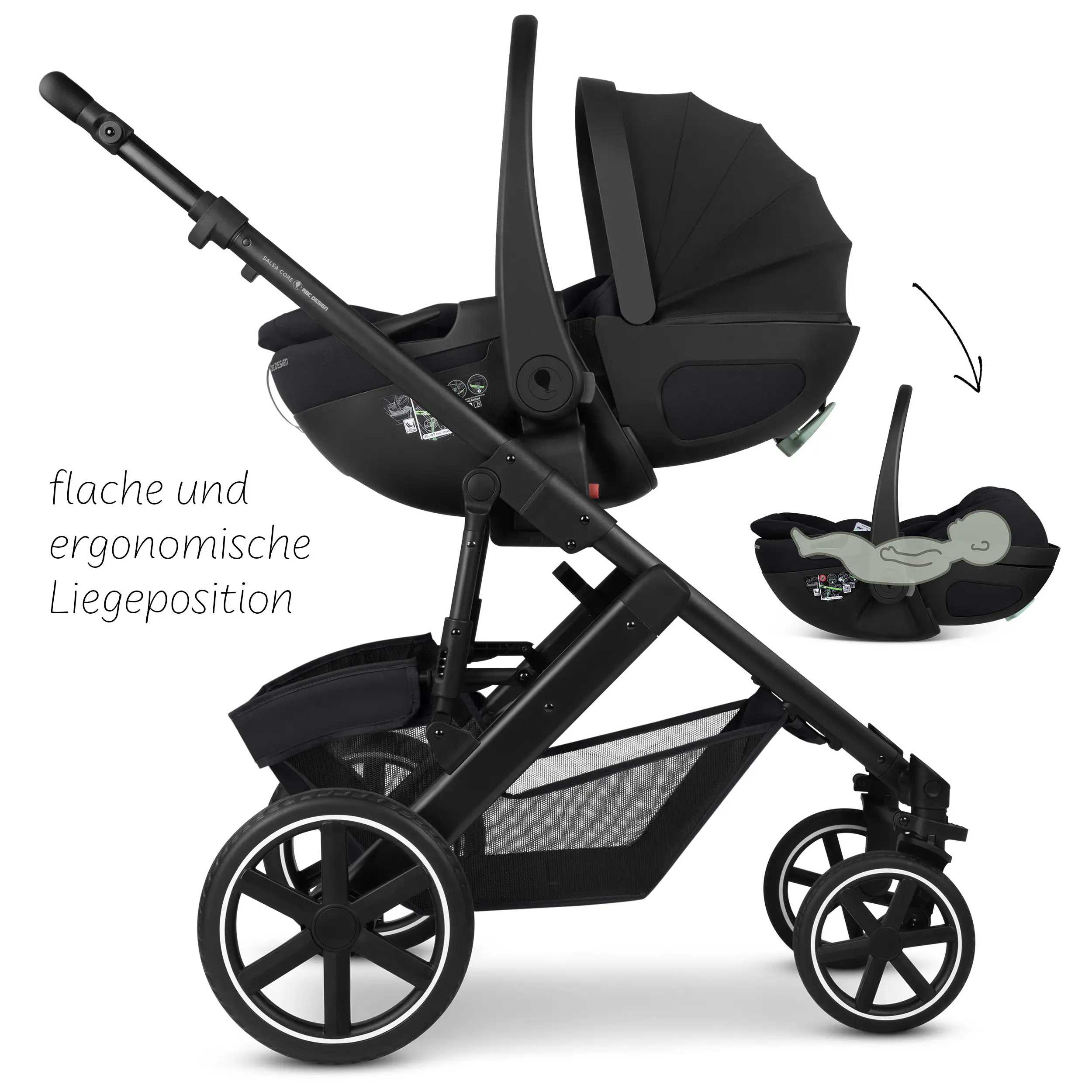 Zestaw wózka 4w1 Salsa Core z fotelikiem Calla z funkcją leżaczka i podstawą Isofix Root – Ink