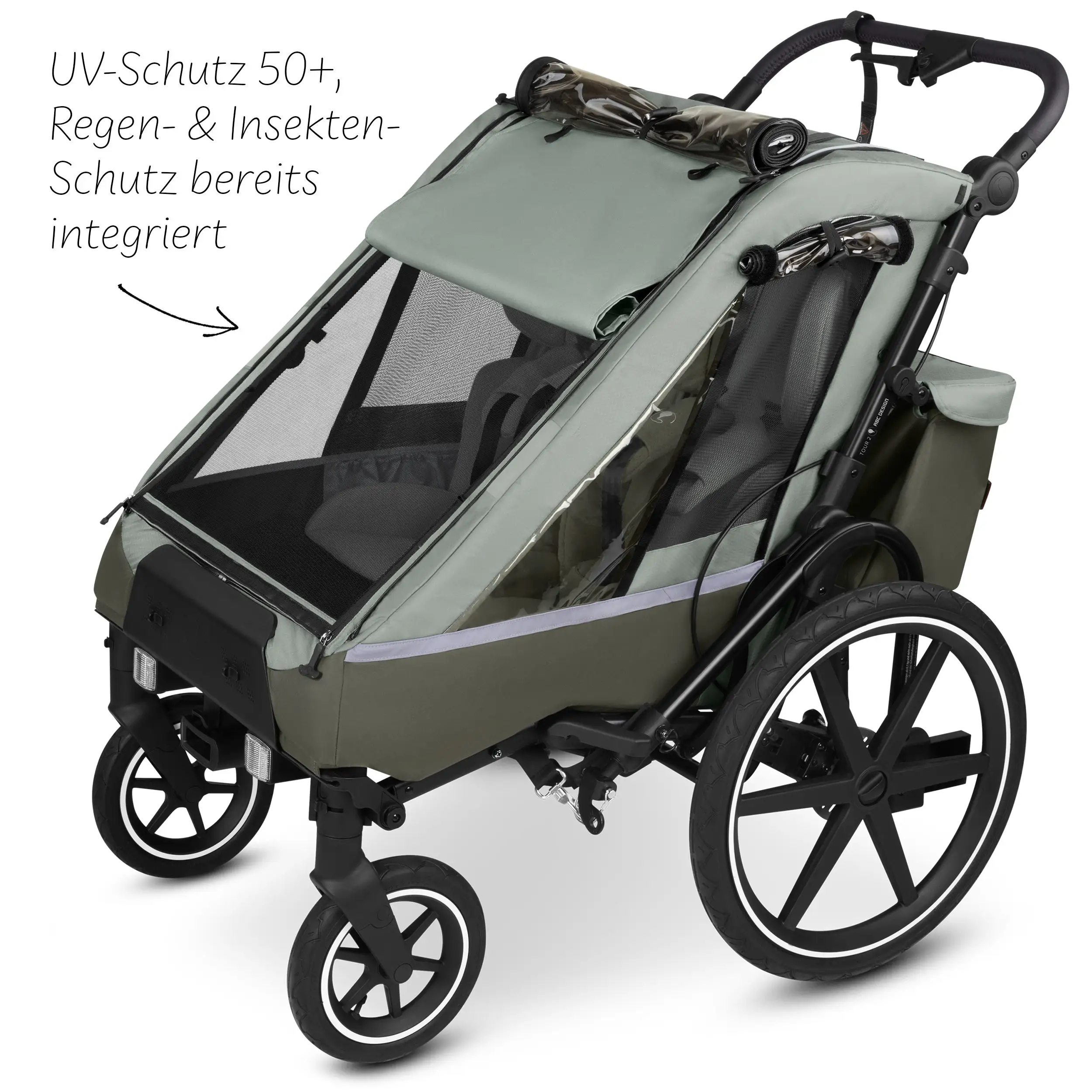 Przyczepka rowerowa Tour 2 z 2 wygodnymi fotelikami i Kołami pneumatycznymi – Olive