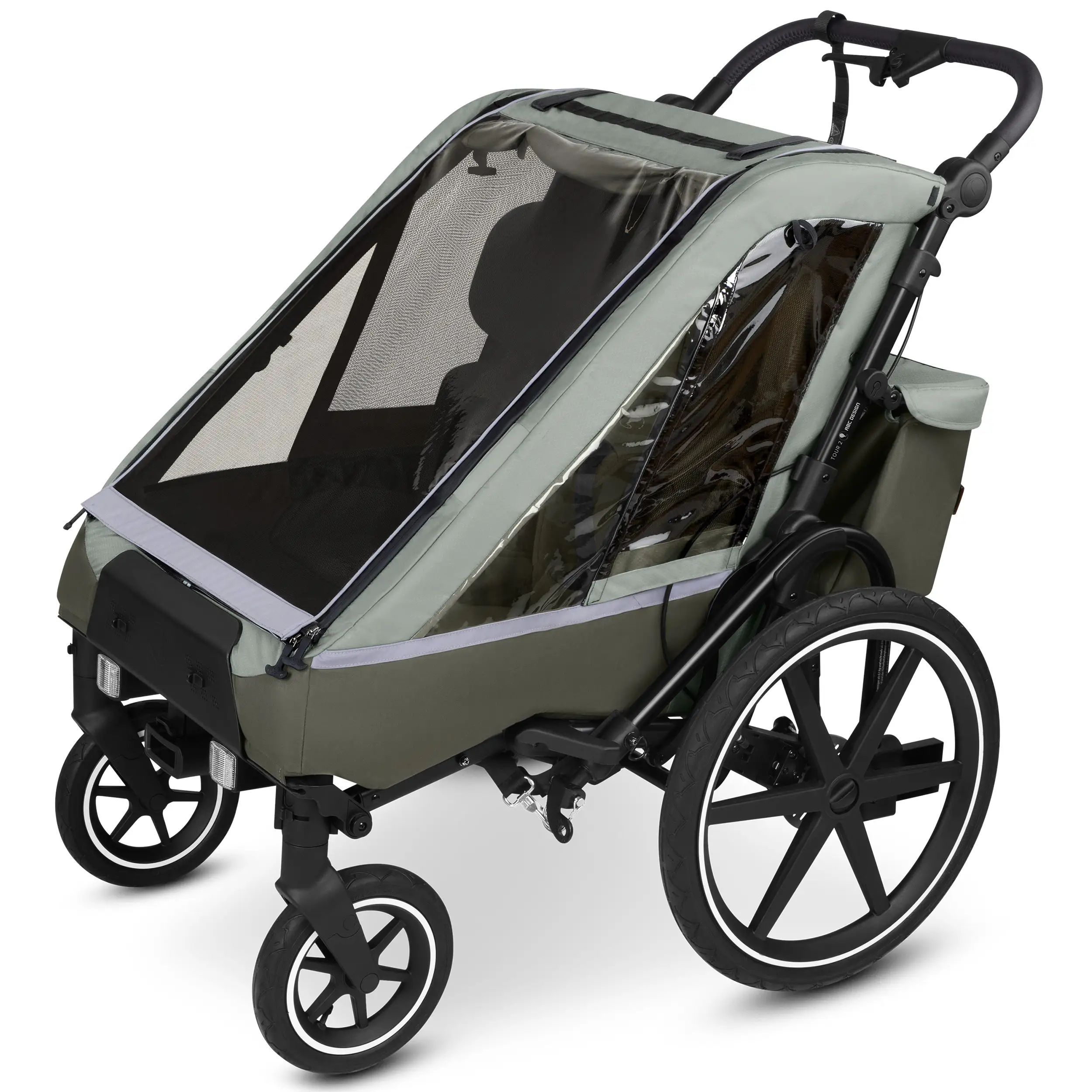 Przyczepka rowerowa Tour 2 z 2 wygodnymi fotelikami i Kołami pneumatycznymi – Olive