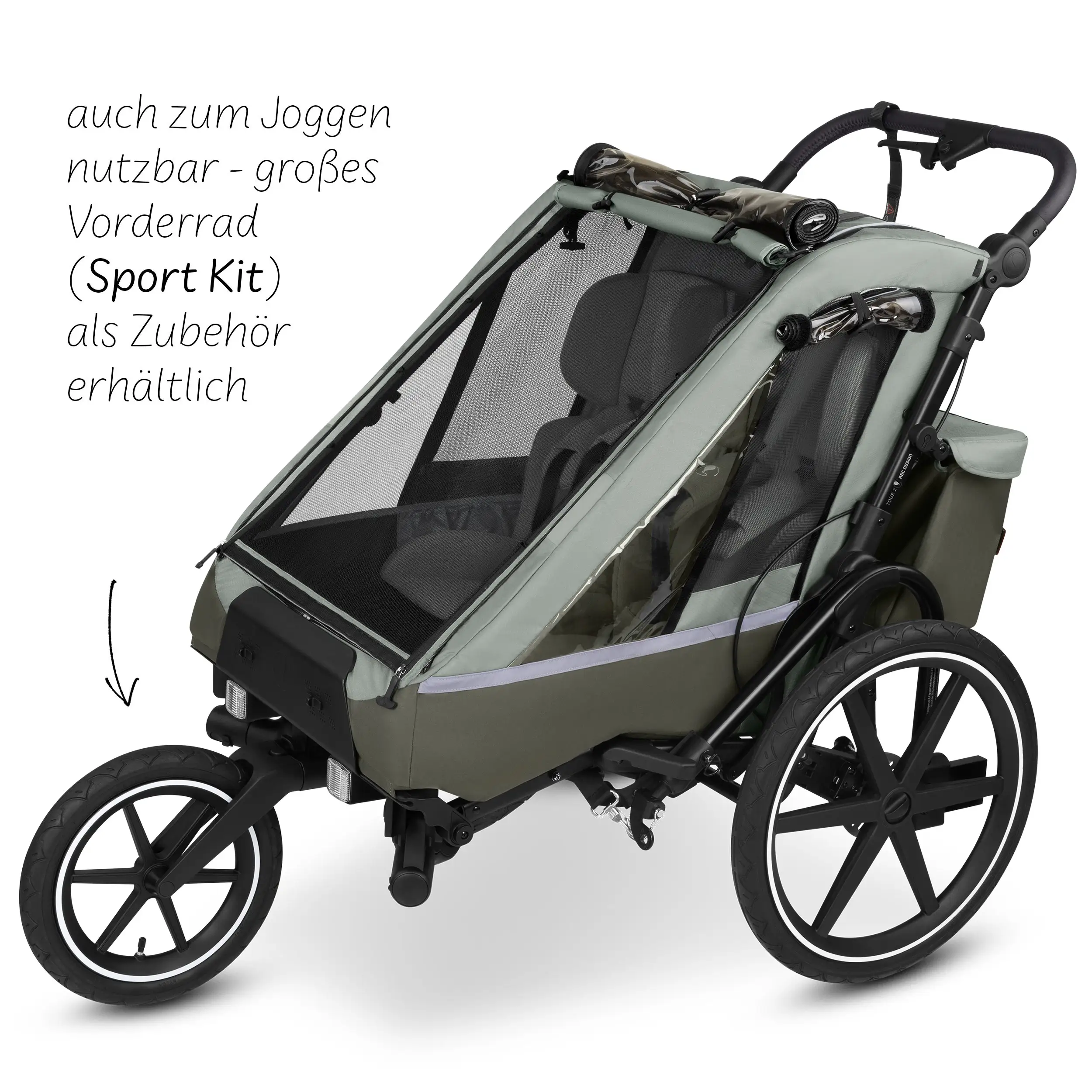 Przyczepka rowerowa Tour 2 z 2 wygodnymi fotelikami i Kołami pneumatycznymi – Olive